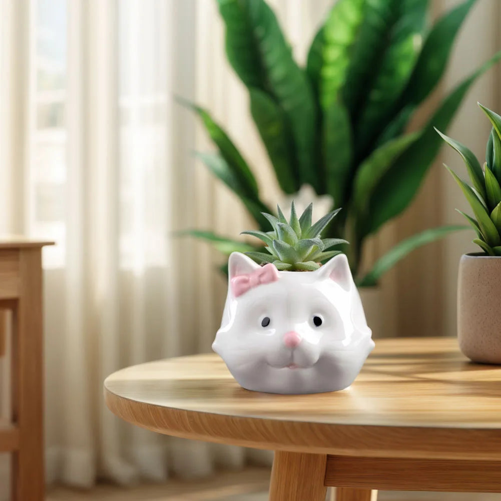 Cat Ceramic Succulent Pot Cartoon Bonsai Pot Decorative Small Plant Holder Multi-Function Flower Planter Pot for Micro Landscape