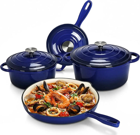 Nonstick Enameled Cast Iron Cookware Set, 7Pcs Pots and Pans Set, Gas/Induction Dutch Oven Set, PFOA & PFAS Free