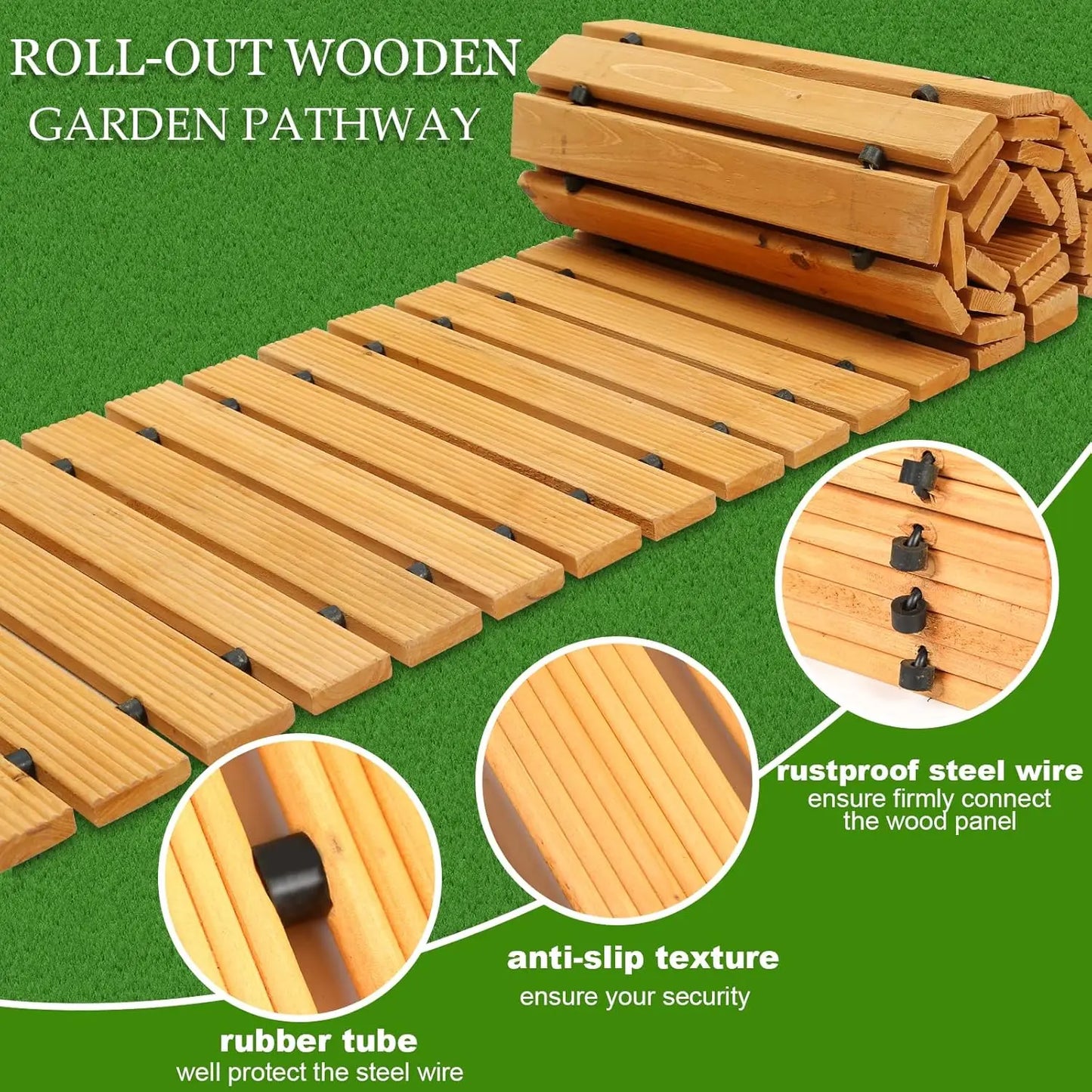 Weather-Resistant Non-SlipWooden Garden Pathway–8FT Roll OutDecorative Walkway,Hardwood Pavers for Backyard/Wedding Party/Garden