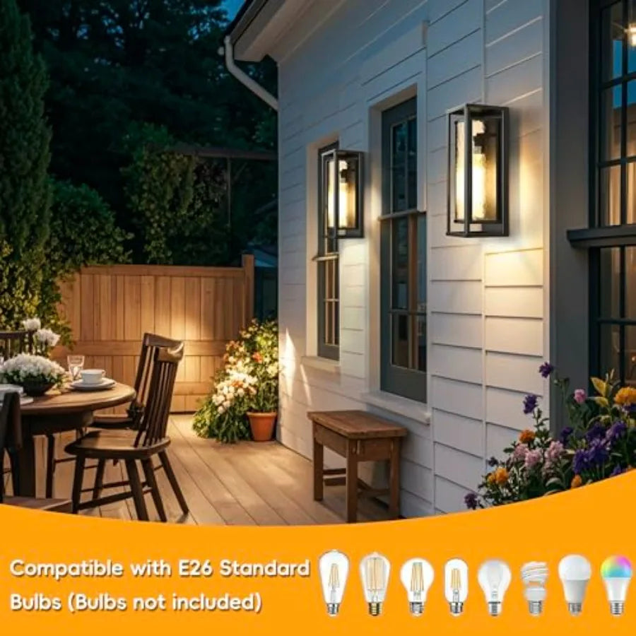 16" Large Outdoor Wall Lights 2 Pack, Modern Outdoor Light Fixtures Wall Mount, Black Exterior Wall Sconce with Ripple Glass, W