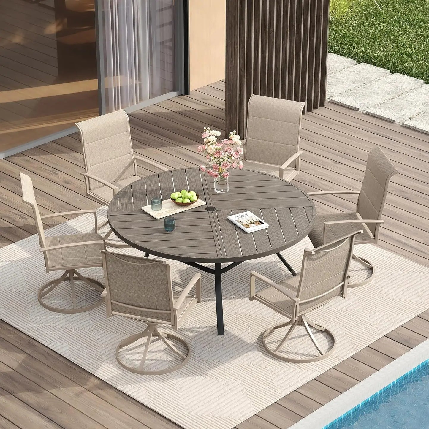 Patio Dining Set for Six With Round Table and Chairs
