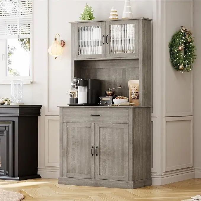 HiMISS Kitchen Pantry Cabinet Freestanding Hutch With Microwave Stand