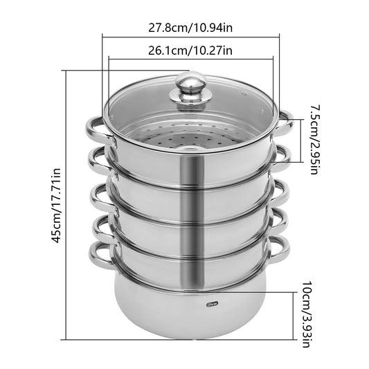 5-Tier Stainless Steel Steamer Pot 304 Food Grade Stackable Cookware