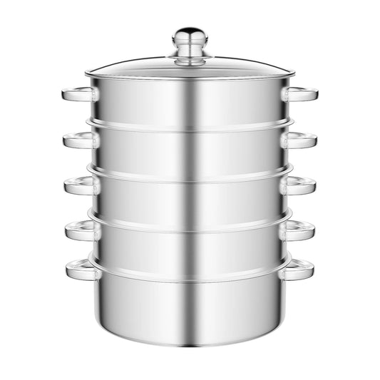 5 Tier 304 Stainless Steel Steamer Pot With Clear Lid