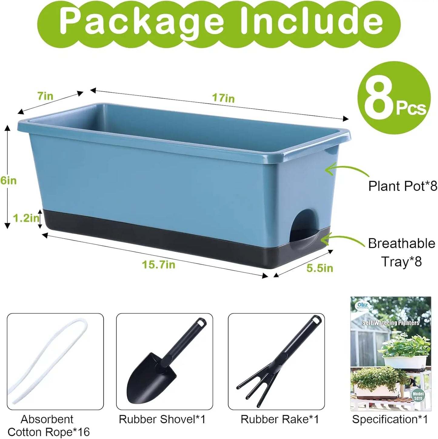 Self-Watering Window Box Planter Set, 8-Piece Rectangular Pots
