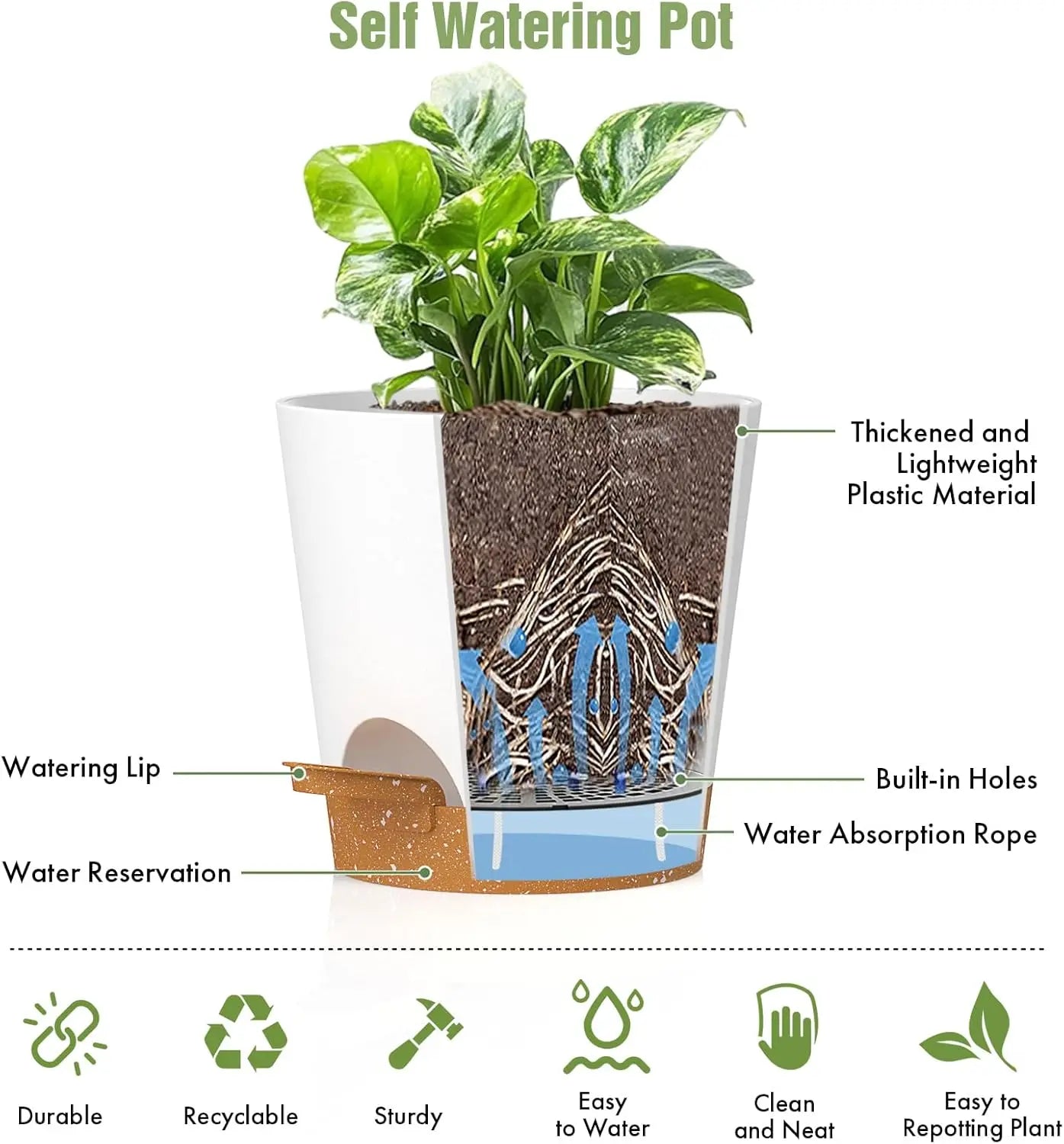Self-Watering Plant Pots Set, Six Pack With Drainage Holes