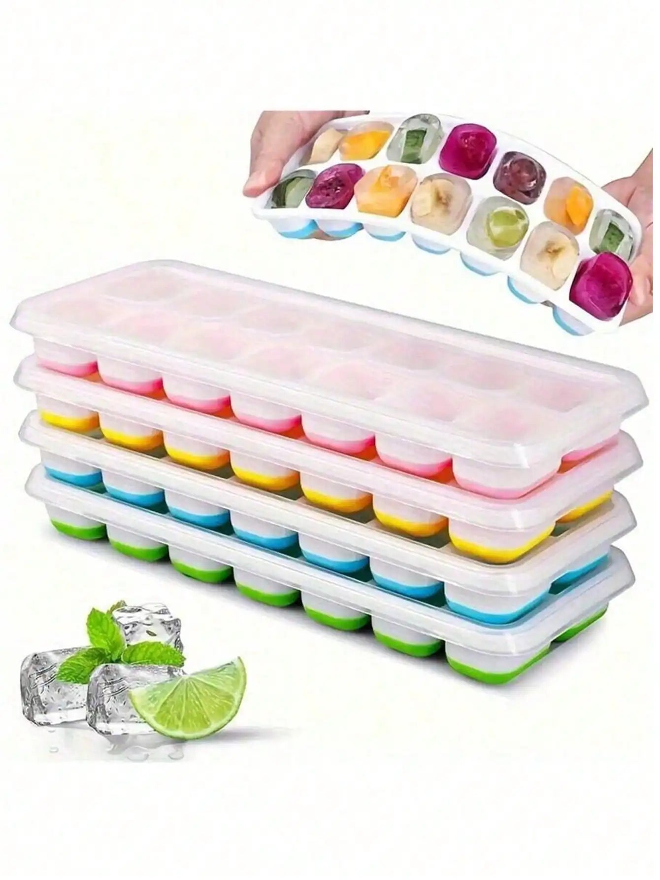 1/2/4pcs Silicone Ice Cube Trays, Easy Release & Flexible, 14-Cavity 4-Color Mixed With Anti-Spill Removable Lids, Stackable With Lid, Kitchen Accessories, Small Kitchen Tools