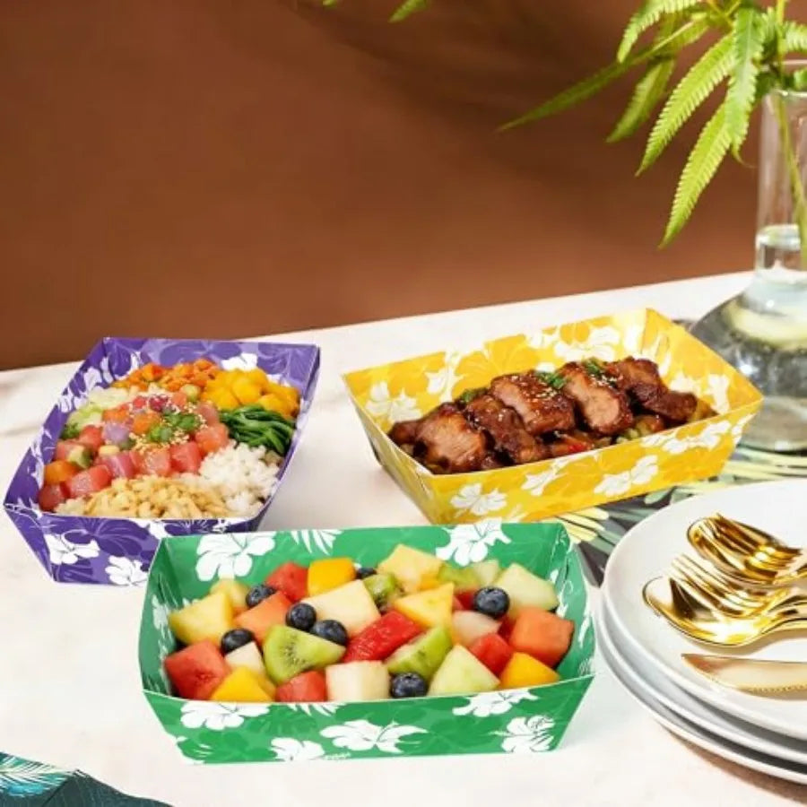 Luau Party Disposable Hibiscus Paper Trays And Aloha Serving Boats