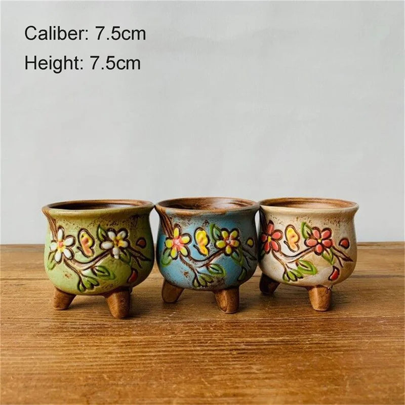 Retro Ceramic Flower Pot Hand Painted Planter For Desk Decor