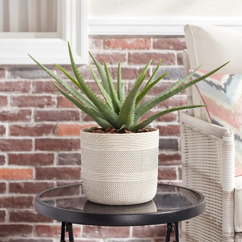 Round White Grooved Ceramic Plant Planter for Indoor Decor