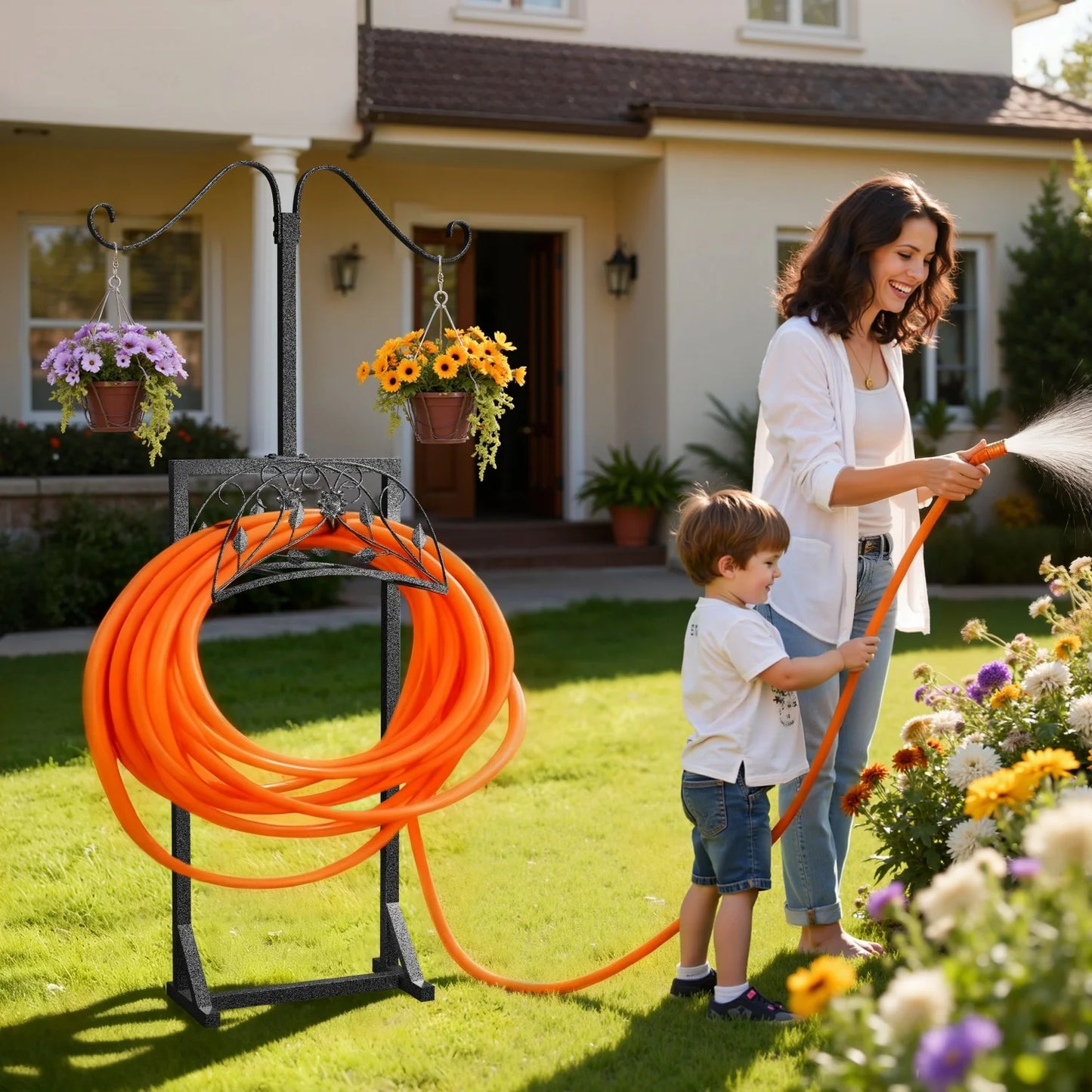 Freestanding Heavy Duty Garden Hose Holder with 4 Spikes & 2 Shepherds Hooks Water Hose Storage Stand for Yard Lawn