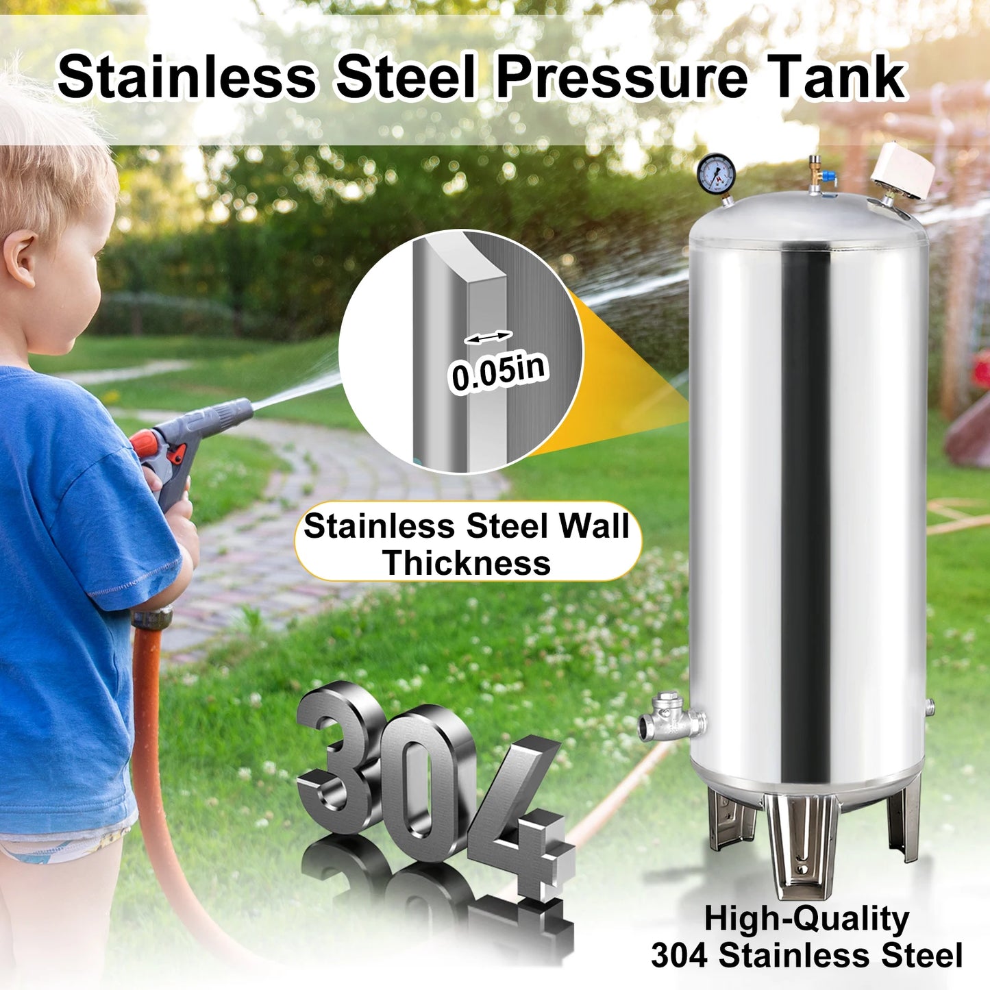 26.4Gal Well Water Pressure Tank, 304 Stainless Steel Pressurized Water Storage Container, Heavy Duty Automatic Booster Tank for Home Farm Garden Kitchen with Mounting Kit