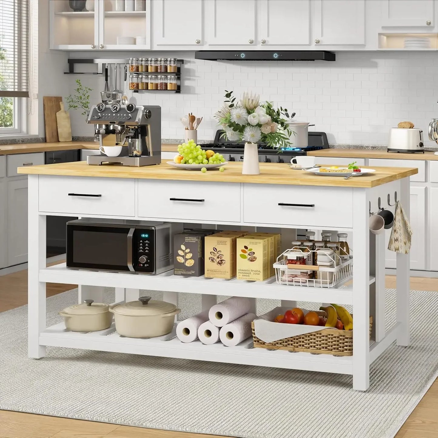 Rubberwood Kitchen Island With Power Outlets And Shelves Farmhouse Style