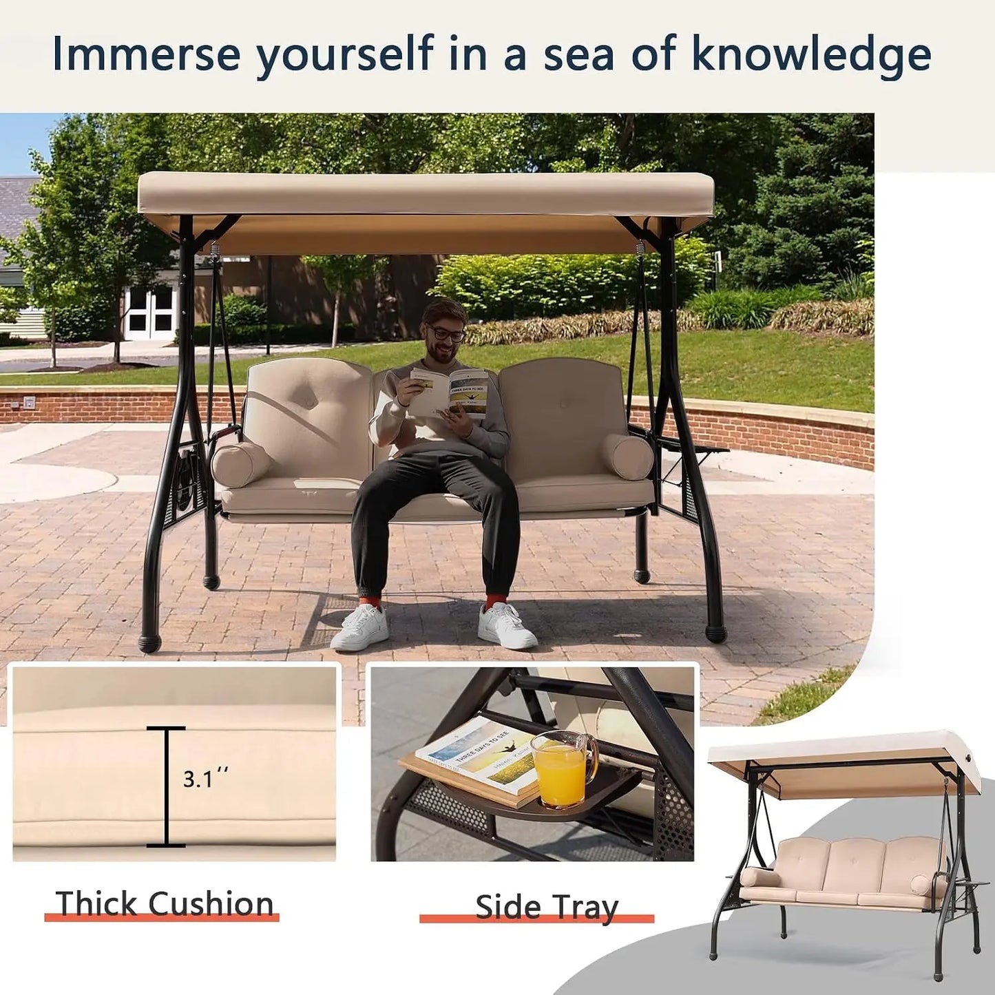 Patio Porch Swing, 3-Seat Outdoor Swing with Adjustable Canopy, Waterproof Fabric Cushion, Pillow and Foldable Side, Customized