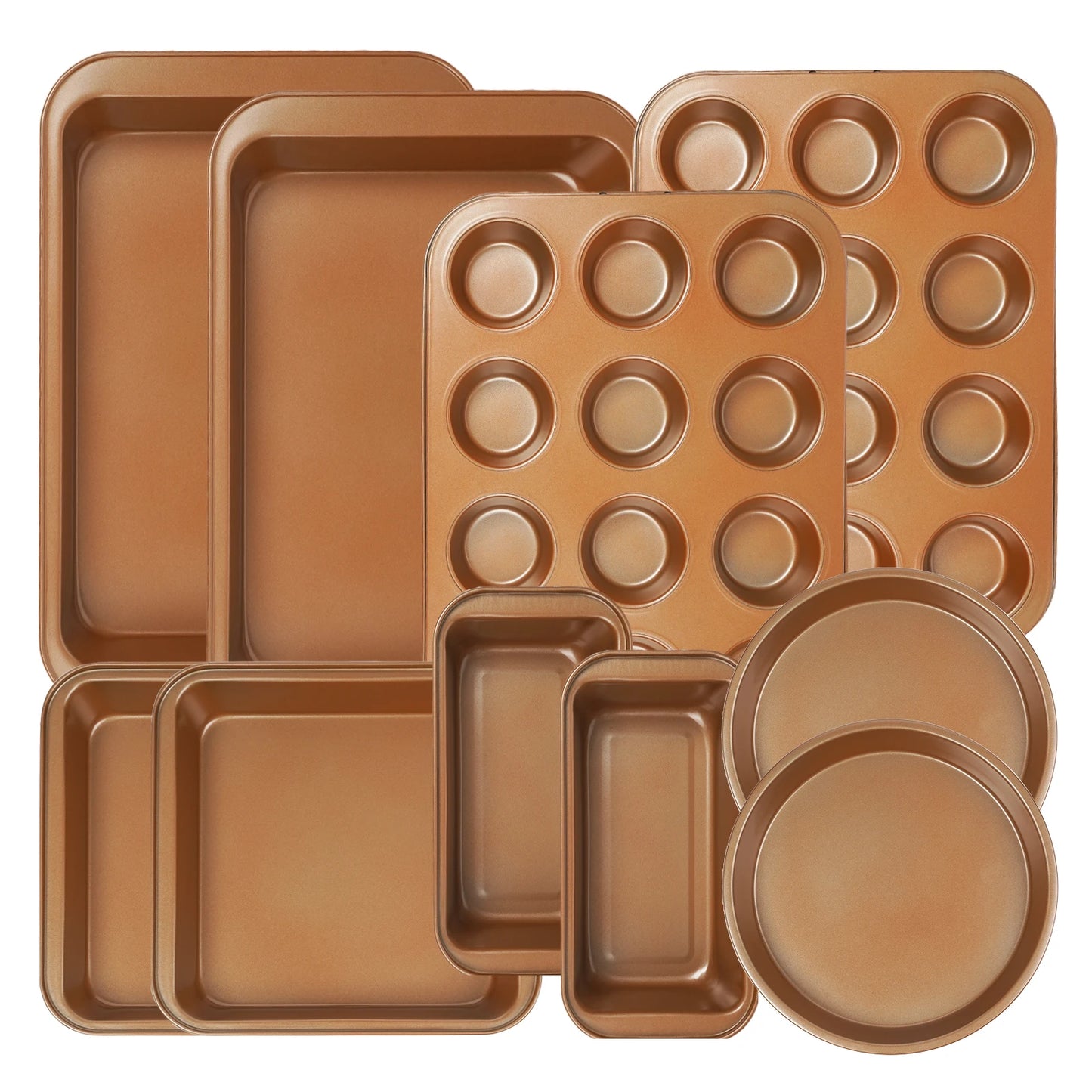 KOOMADE 10Pcs Nonstick Carbon Steel Bakeware Set Copper Coated Baking Pans Cookie Sheet Muffin Loaf Round Square Roasting Tray Oven Safe Dishwasher Safe Kitchen Baking Utensils