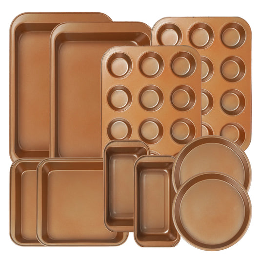 KOOMADE 10Pcs Nonstick Carbon Steel Bakeware Set Copper Coated Baking Pans Cookie Sheet Muffin Loaf Round Square Roasting Tray Oven Safe Dishwasher Safe Kitchen Baking Utensils