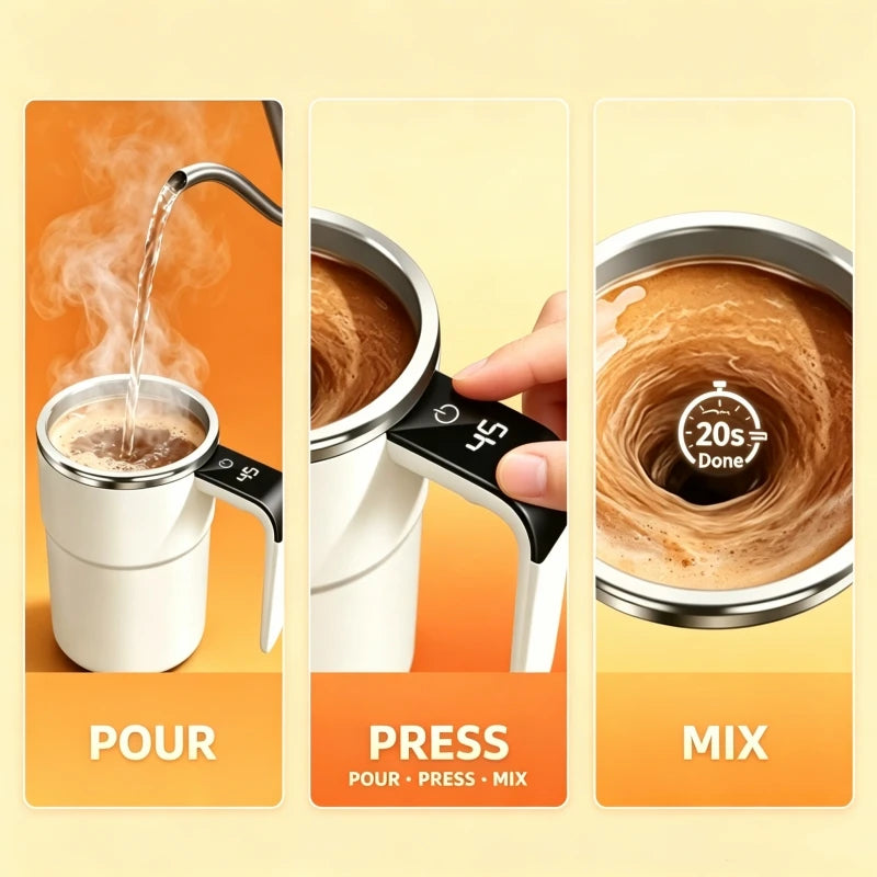 Self Stirring Mug with Temperature Display, 380ML Automatic Mixing Coffee Mug, USB Type-C Rechargeable Electric Stir Cup with Digital LED Screen, 20-Second Auto-Mix for Coffee Cocoa Protein Shake, 304 Stainless Steel Inner Wa