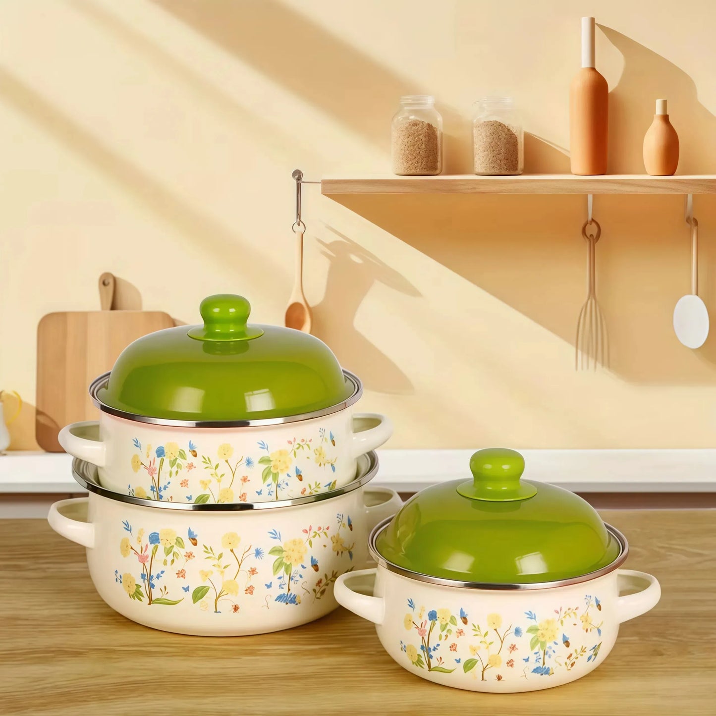 Vintage Enamel Stock Pot Set For Induction And Gas Stoves