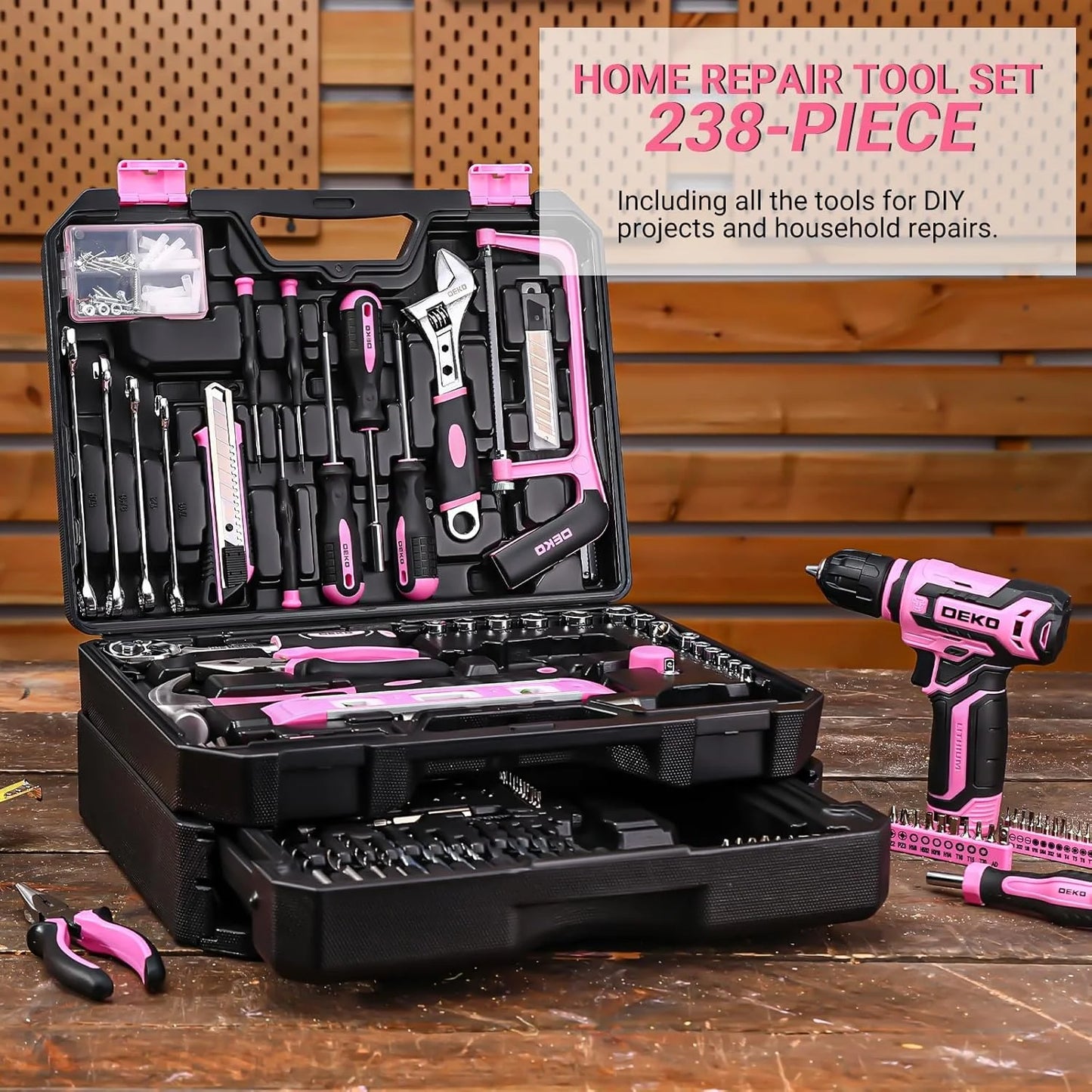 DEKO Cordless Drill Tool Set and Mechanic Toolbox