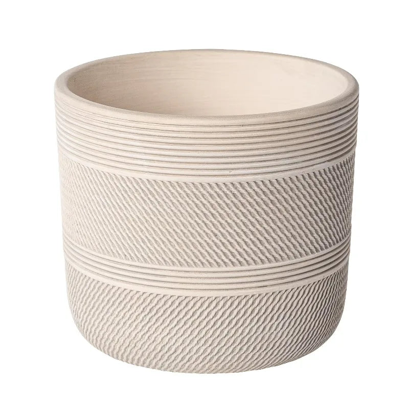 Round White Grooved Ceramic Plant Planter for Indoor Decor
