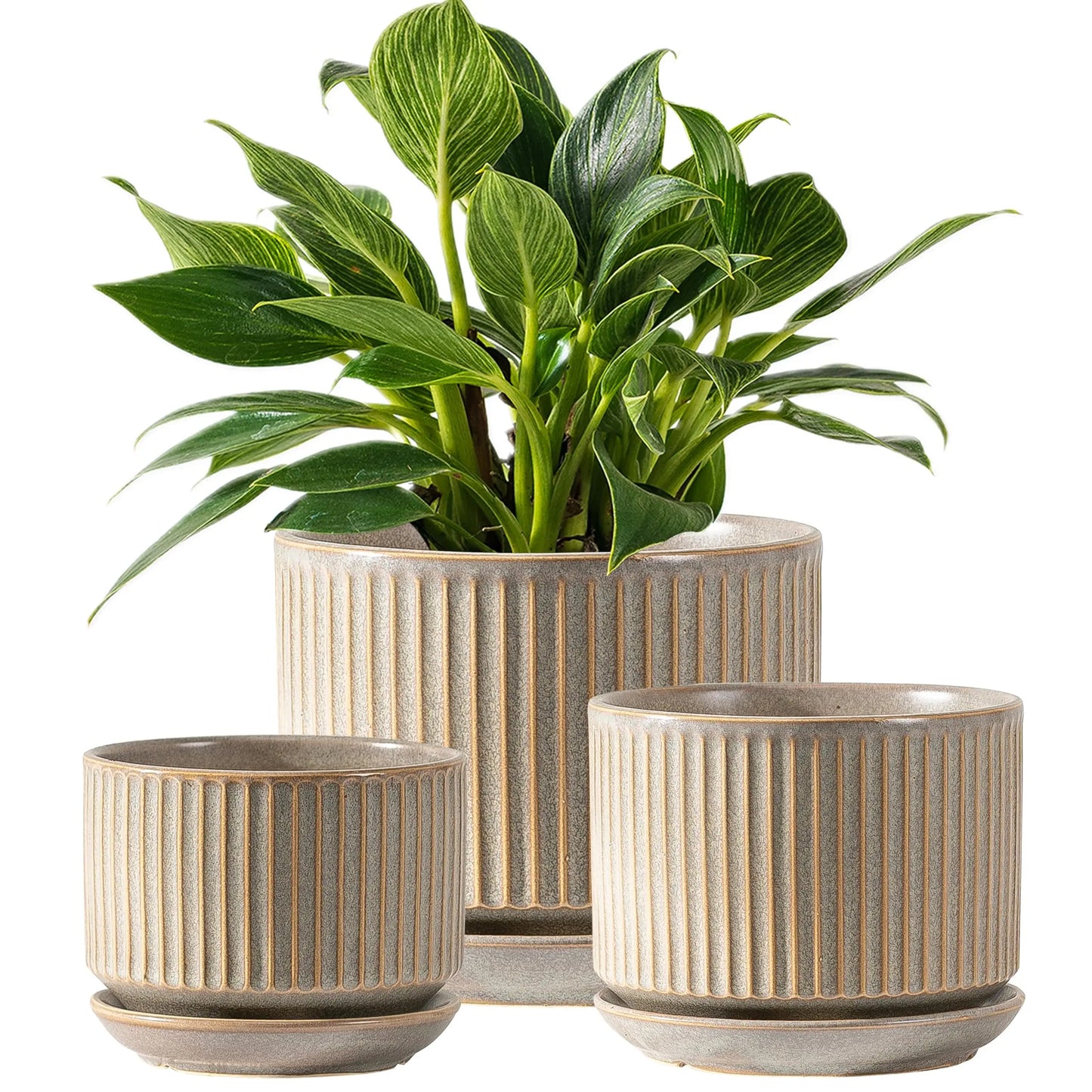 SURE YUESI Ceramic Plant Pots Set of 3, Indoor Outdoor Planters with Drainage Hole and Saucer, Ceramic Flower Pots for Indoor Plants, 4.3+5.5+6.8 Inch, Home, Garden, Patio and Office, Matte Green