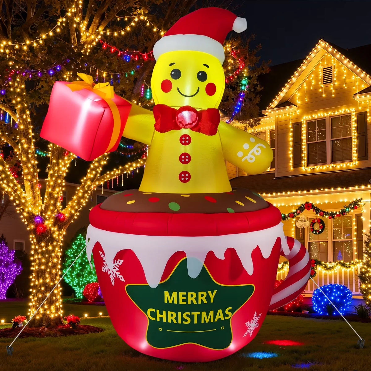 7.2ft Christmas Inflatable Decoration Outdoor Gingerbread Man Cup Shape Blow Up Model With LED Light For Xmas Party Garden Decor