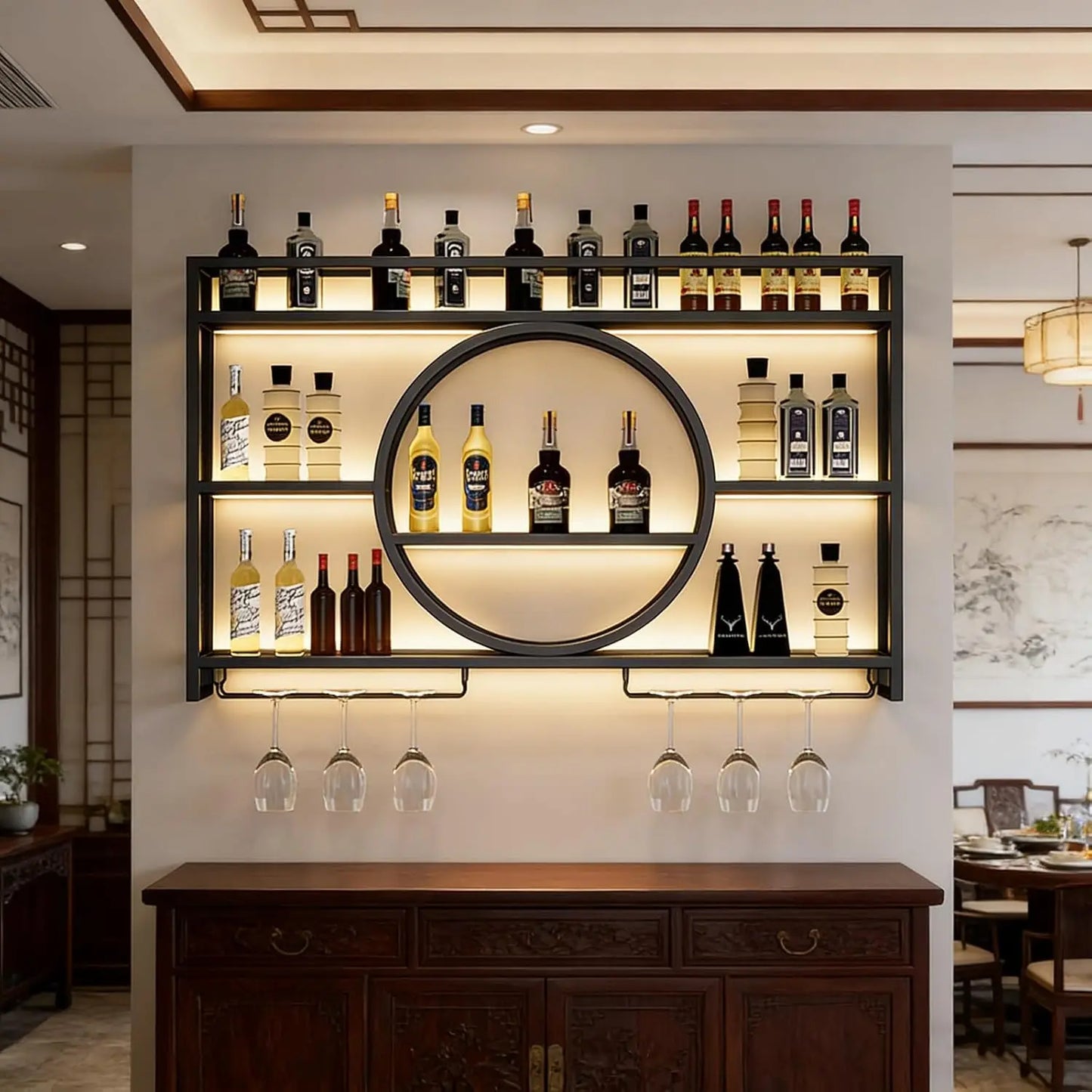 Wall Mounted Wine Rack With LED Lights Iron Floating Shelf