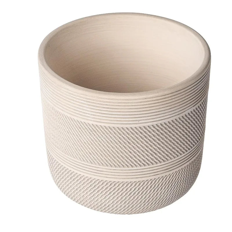 Round White Grooved Ceramic Plant Planter for Indoor Decor
