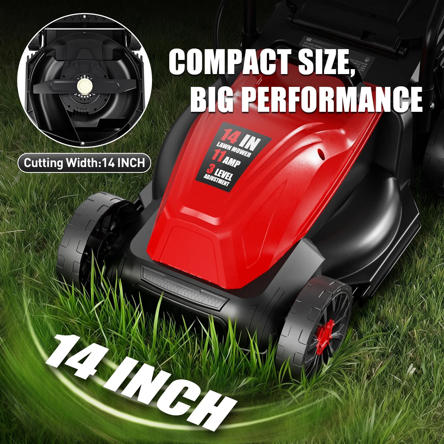 14-Inch Corded Electric Lawn Mower, 11 Amp 3650RPM 2IN1 Mulching & 25L Collection Bag, Push Mower with 3-Position Cutting Height, Lightweight Electric Mower for Residential Yards