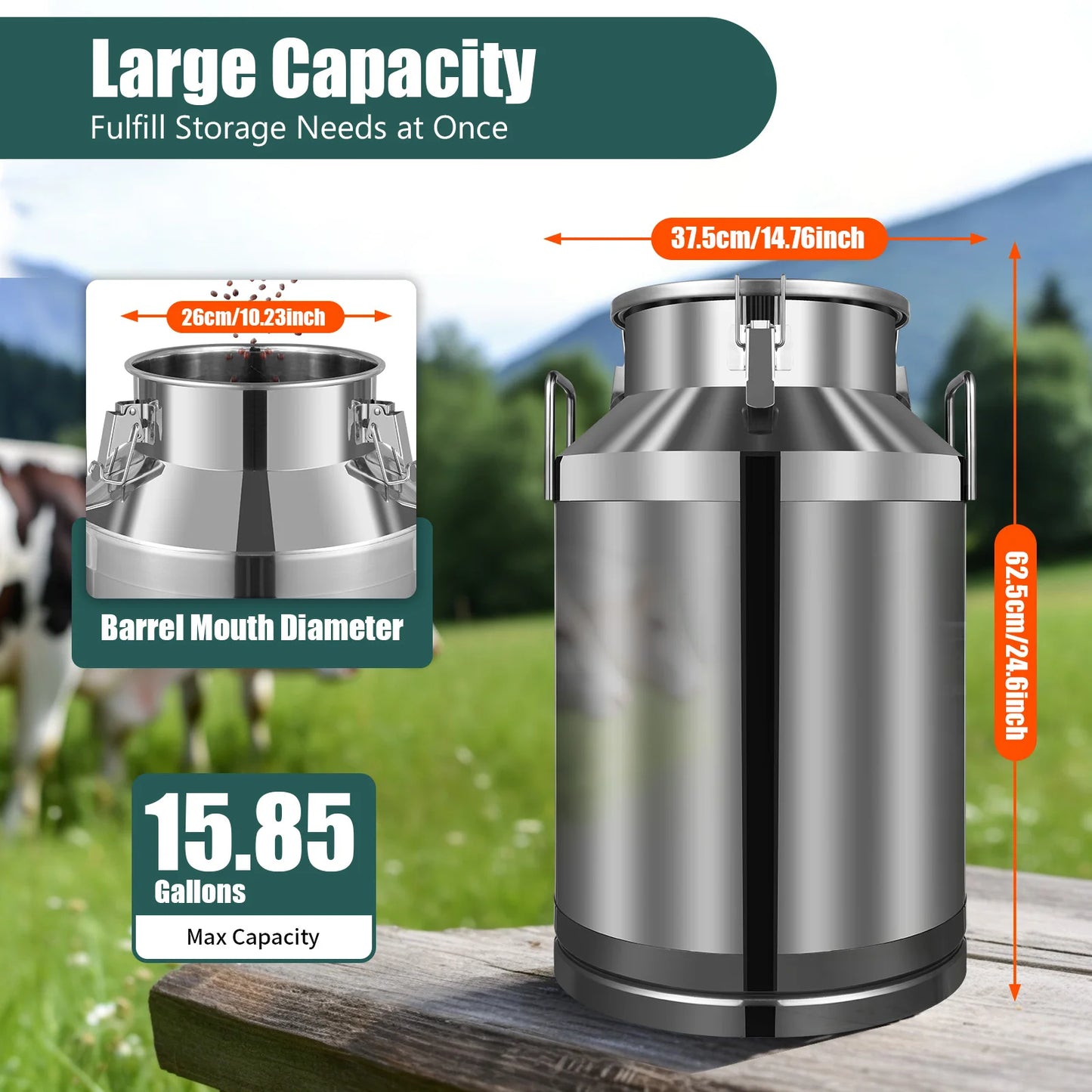 Stainless Steel Milk Jug 60L/15.85Gal Sealed Milk Can, Mirror Polishing Milk Bucket, Large Mouth Opening Large Mouth Opening Food Storage Bucket