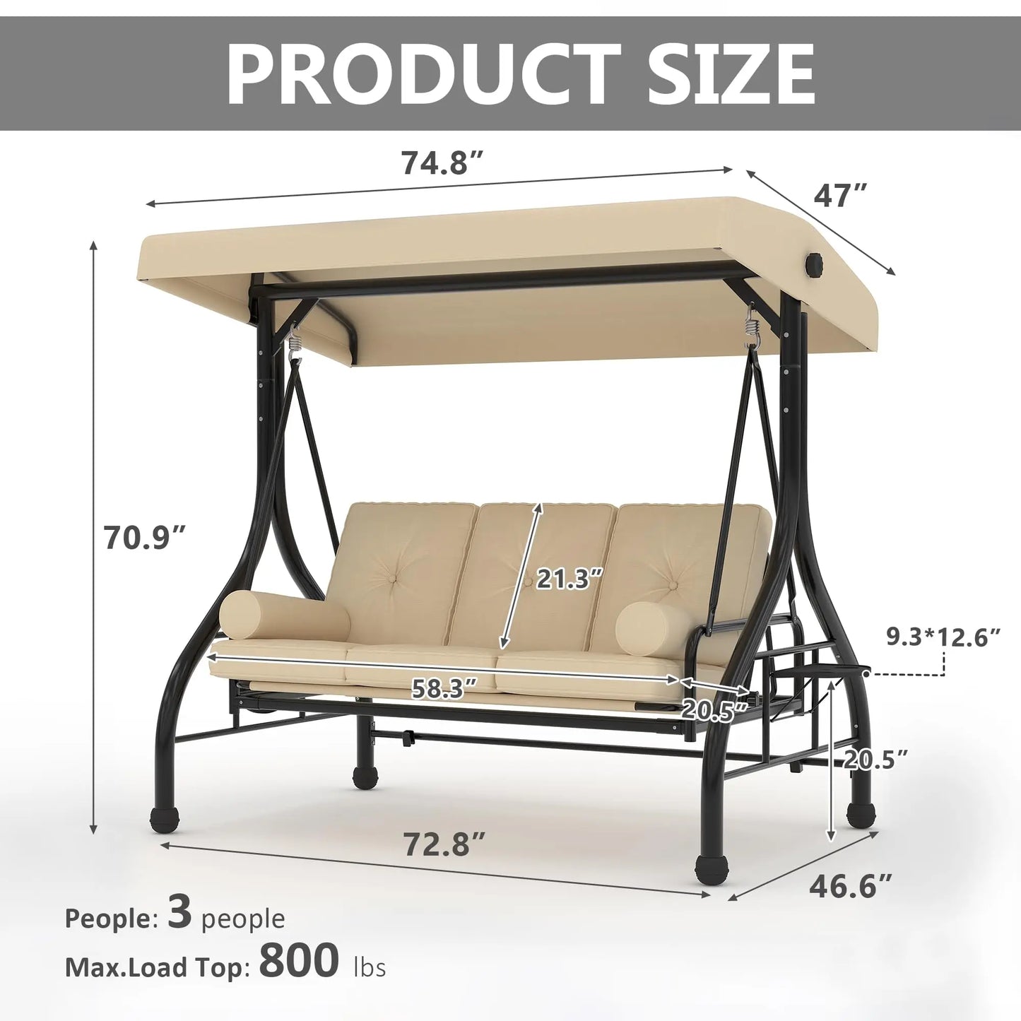 HiMISS 3-Seat Outdoor Porch Swing With Adjustable Canopy