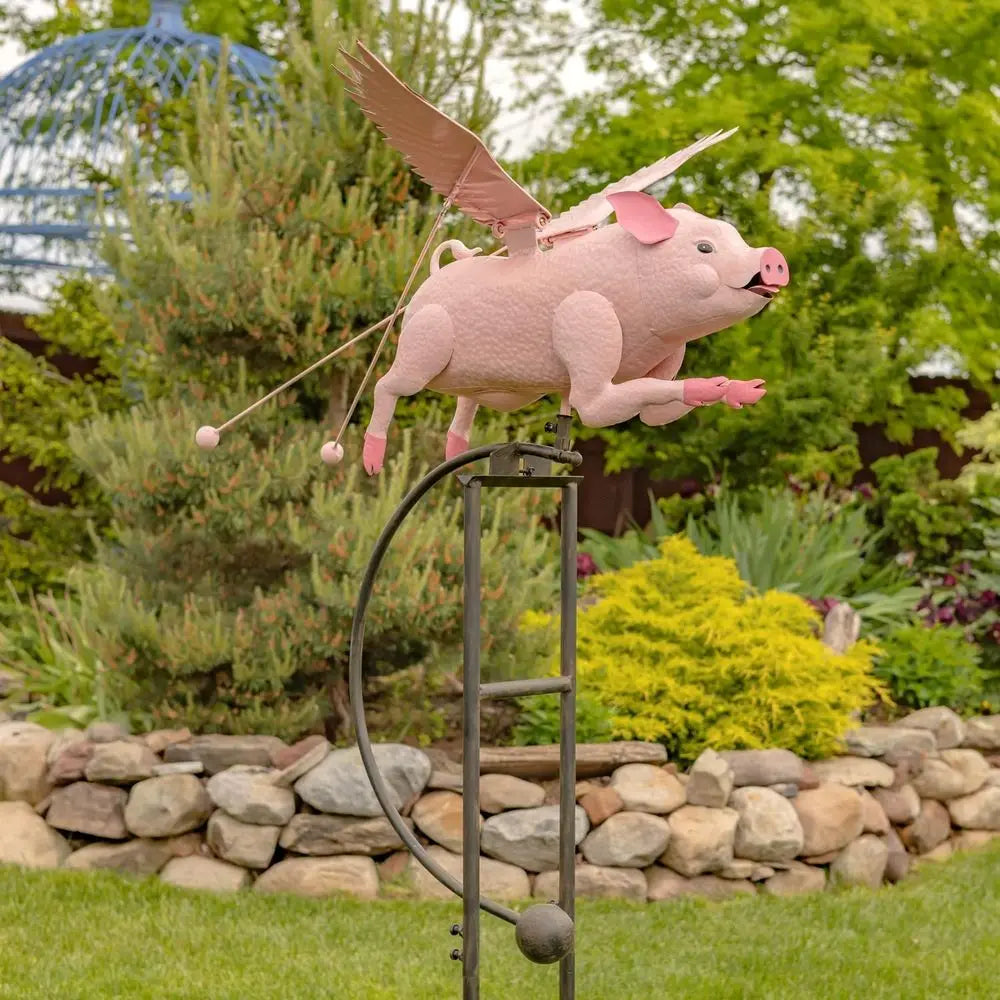 Vintage Pink Porcine Rocking Animal Garden Stake with Flapping Wings