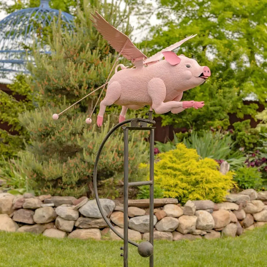 Vintage Pink Porcine Rocking Animal Garden Stake with Flapping Wings