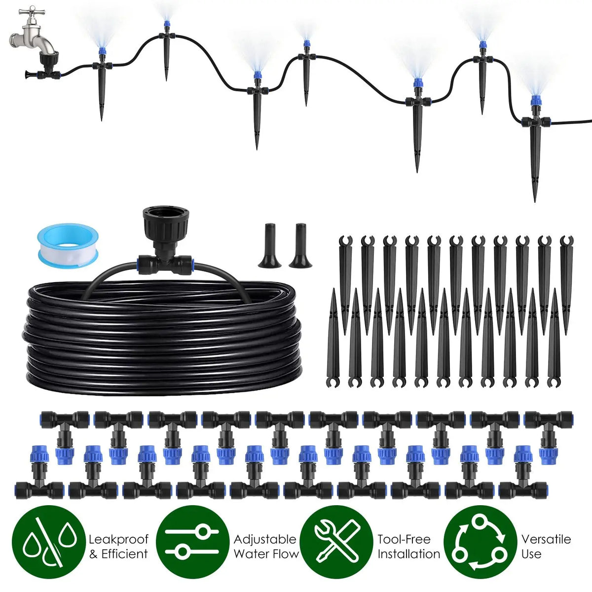 Upgraded Drip Irrigation System Kit 75FT, Adjustable Misting Nozzles Leak-Proof, with 20 Stakes & Nozzles, for Garden/Greenhouse/Outdoor Plants, 1 Set
