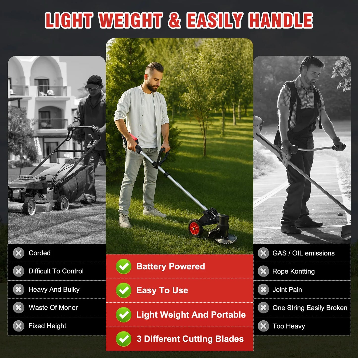 Cordless Electric Lawn Mower Handheld Weed Trimmer Brushless 11000 Rpm 21V with 2x5c 1.5Ah Li-ion Cutter Garden Power Tool