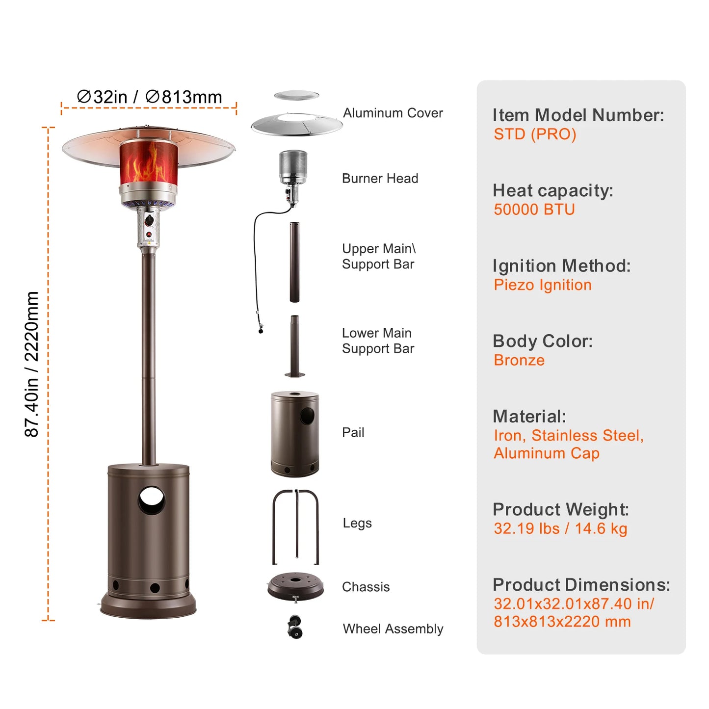 SucceBuy Patio Heater for Outdoor Use Tall Hammered With Round Table Design Metal Burner and Wheels Fixed Flame Heater for Patio