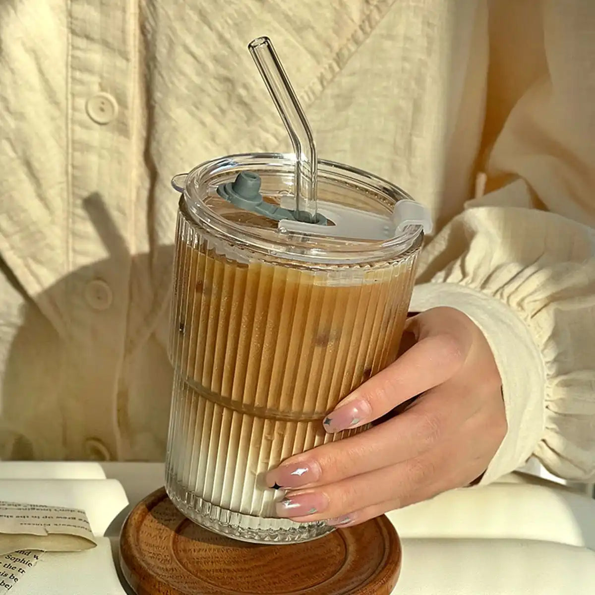 Fashionable Glass Straw Cup With Lid Portable For Coffee And Milk Tea