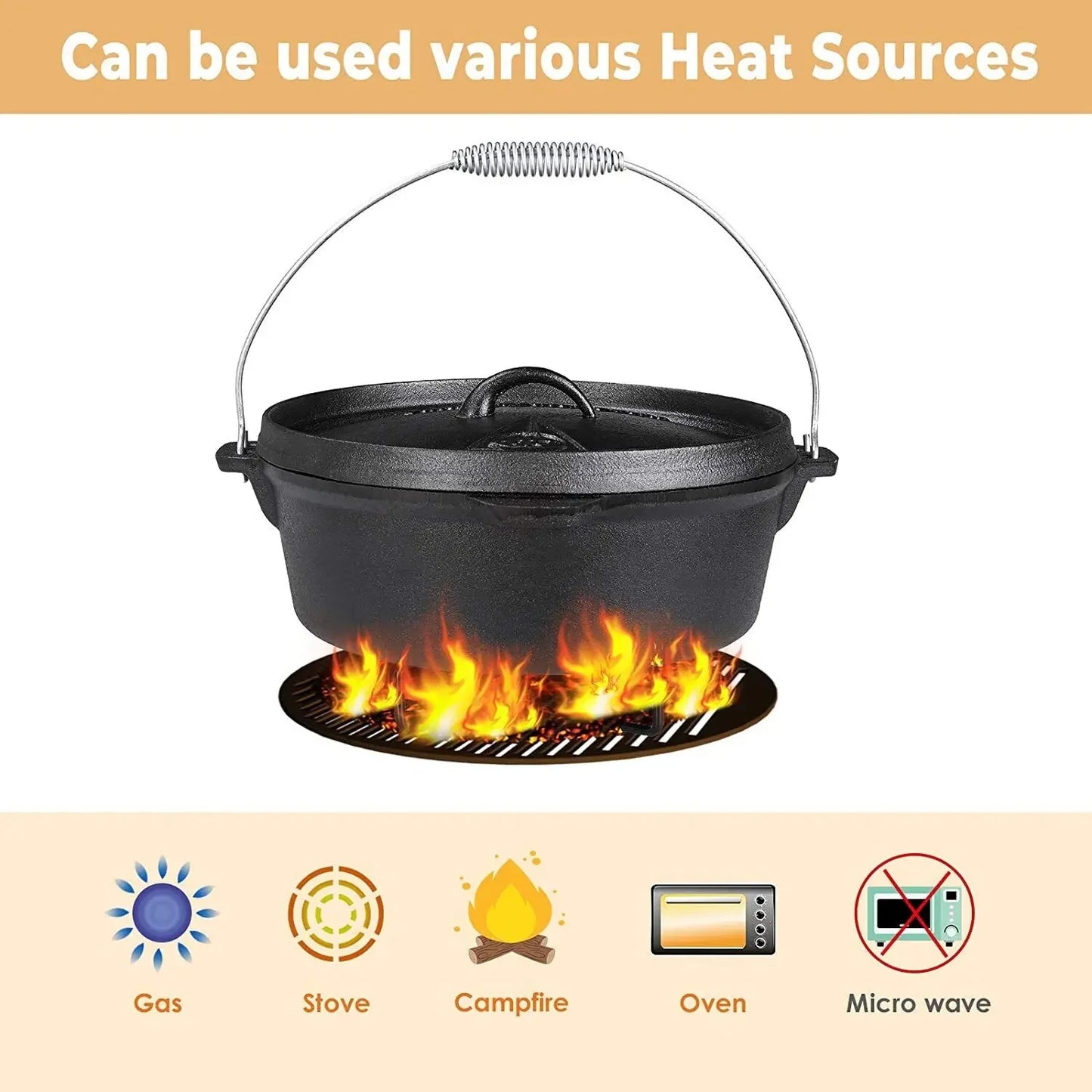 Homfa Cast Iron Dutch Oven 5.8L Outdoor Camping Cookware Pot