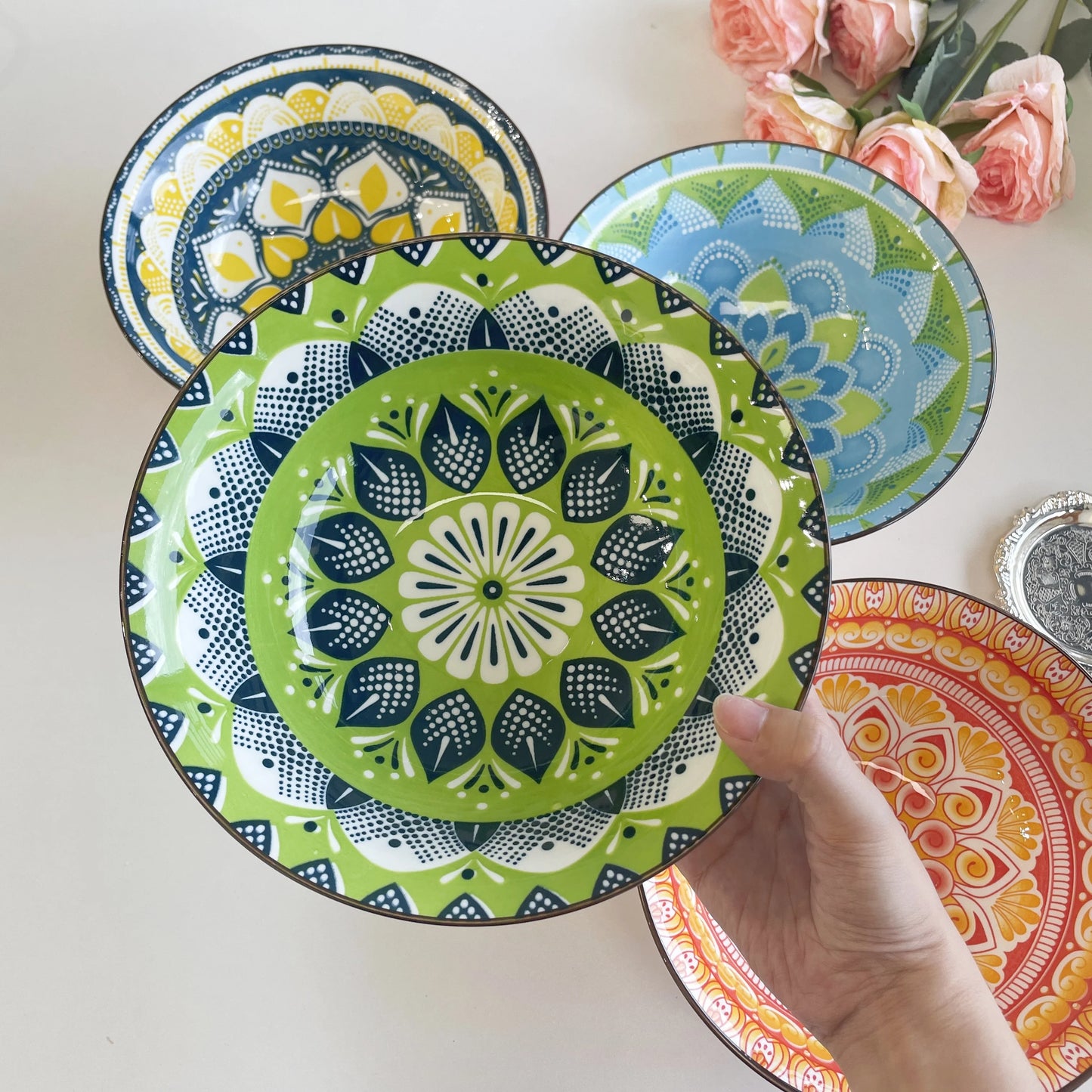 Bohemian Ceramic Soup Bowl Set, Microwave And Dishwasher Safe, Ramen Pasta Bowls