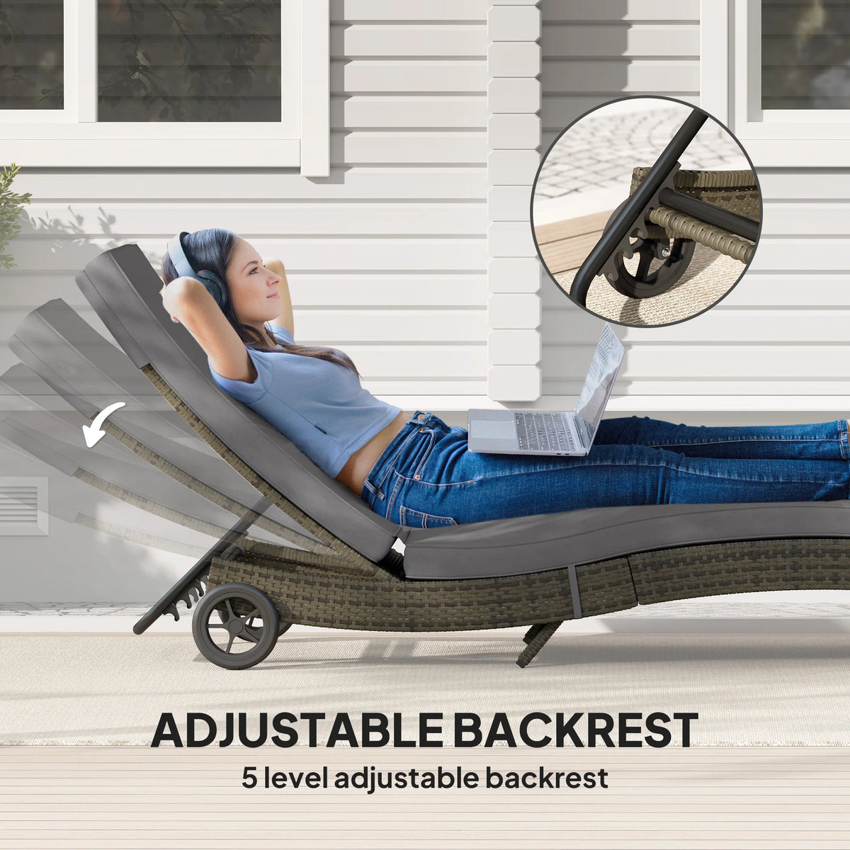 Outdoor Reclining Lounge Chair, PE Wicker, Rolling Wheels, Patio, Grey