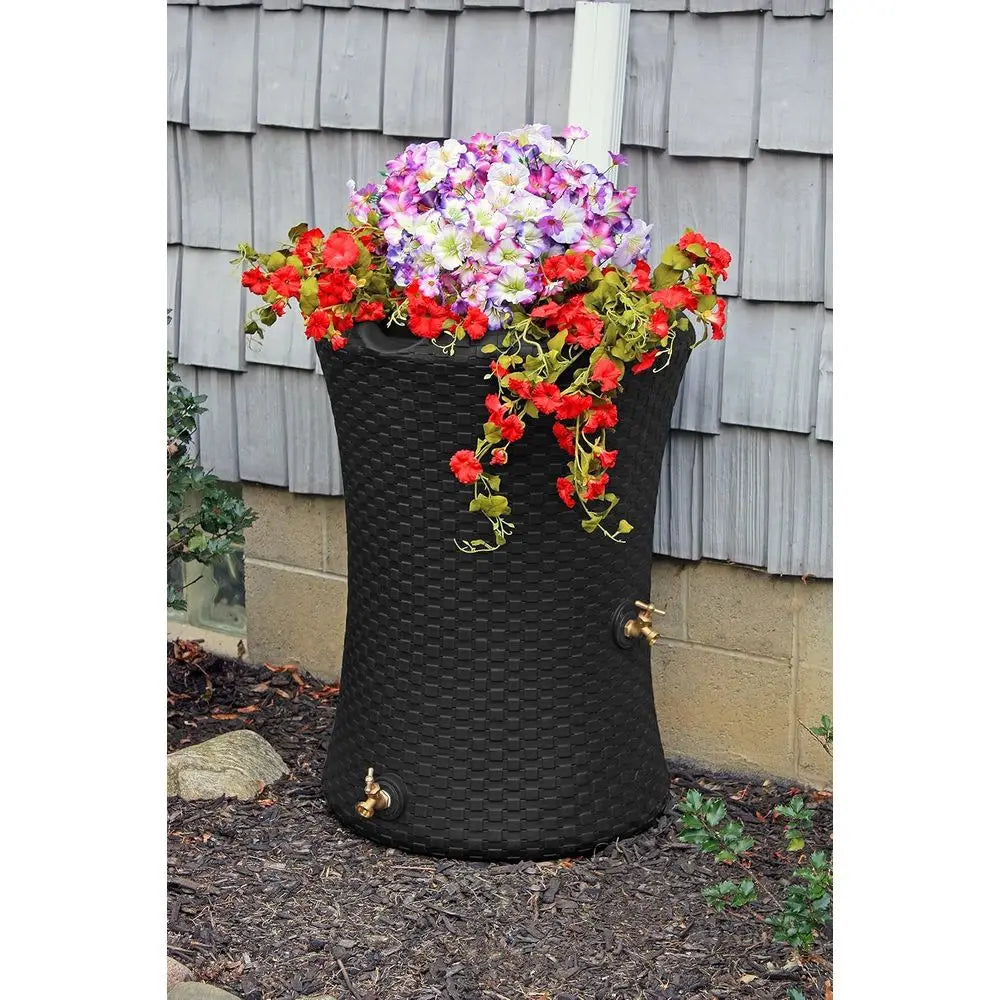50 Gallon Outdoor Rainwater Barrel with Planter and Brass Tap, Black
