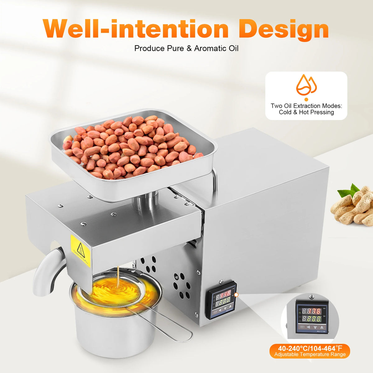 610W Electric Oil Press Machine 304 Stainless Steel Cold/Hot Press Brushless Motor Temp Control for Nuts Seeds Olive 110V/220V