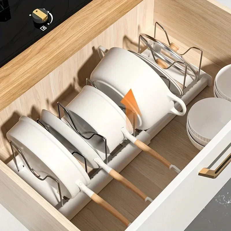 Expandable Pot Organizer Rack, Adjustable Divider for Kitchen Cabinet, Multi-Purpose Storage for Pots & Pans