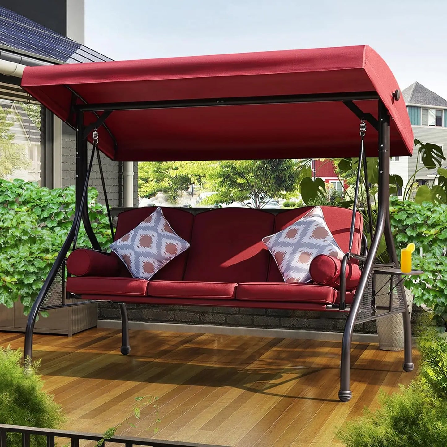 Patio Porch Swing, 3-Seat Outdoor Swing with Adjustable Canopy, Waterproof Fabric Cushion, Pillow and Foldable Side, Customized