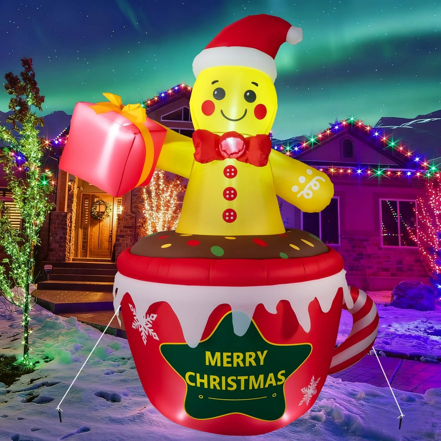 7.2ft Christmas Inflatable Decoration Outdoor Gingerbread Man Cup Shape Blow Up Model With LED Light For Xmas Party Garden Decor