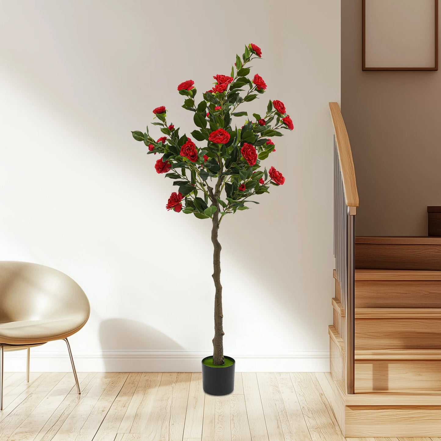 Simulated Tree Camellia Plant In Pot Lifelike Trunk Red Artificial Camellia Trees for Balconies/Shopping Malls/Exhibitions