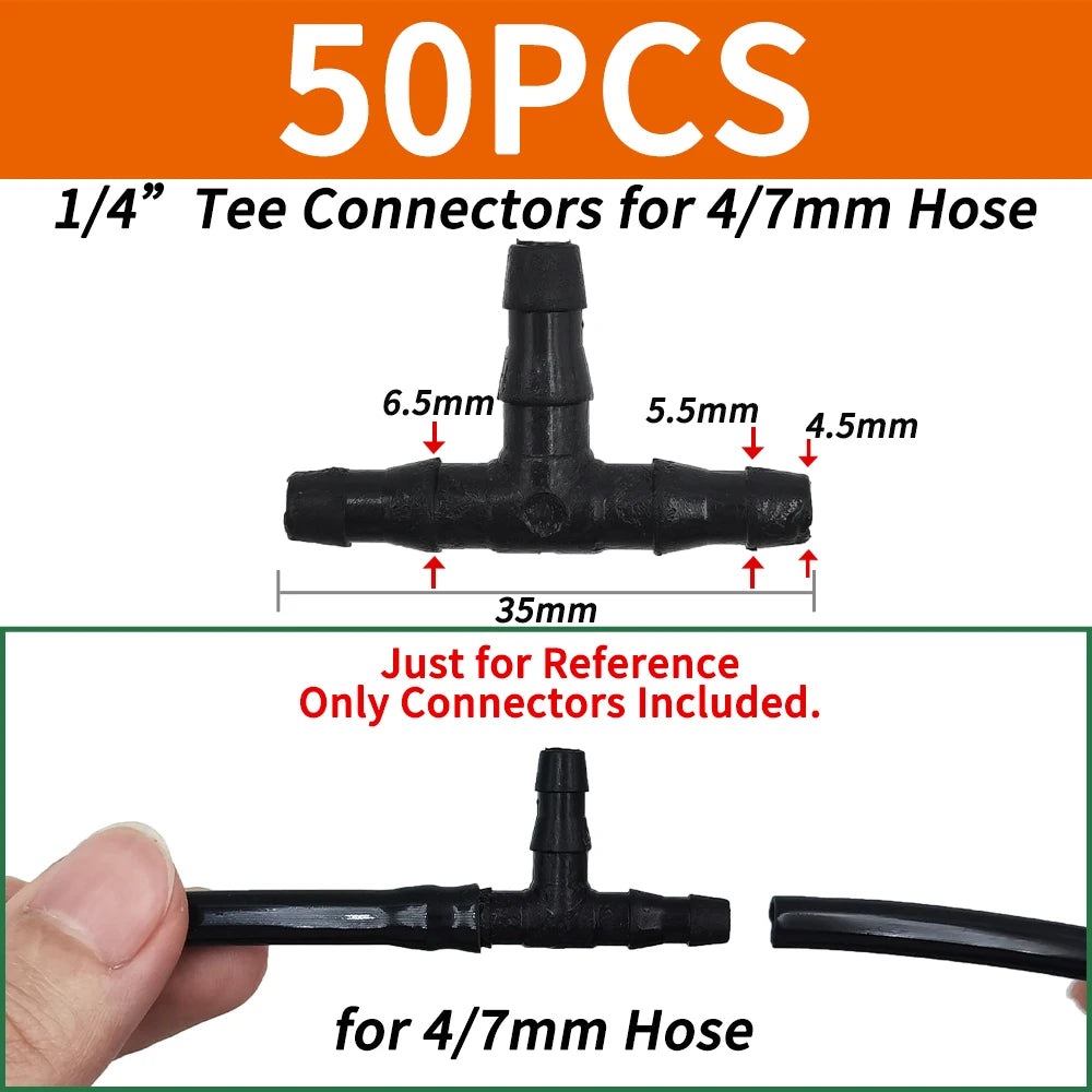 50PCS Plastic Barbed 3-Way TEE Connector for 4/7mm Tubing Watering Pipe Hose Couplings Micro Drip Irrigation Garden Tools