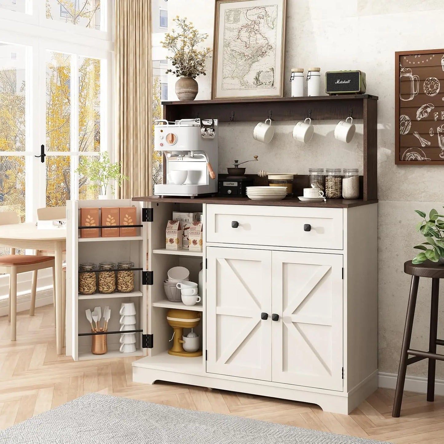 Wnutress Farmhouse Coffee Bar Cabinet With Drawer And Charging Station