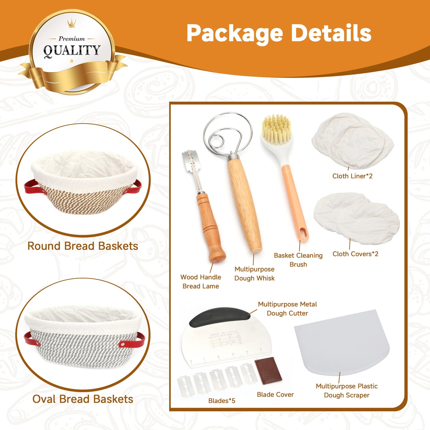 Bread Proofing Basket Set With Banneton Baskets And Dough Whisk