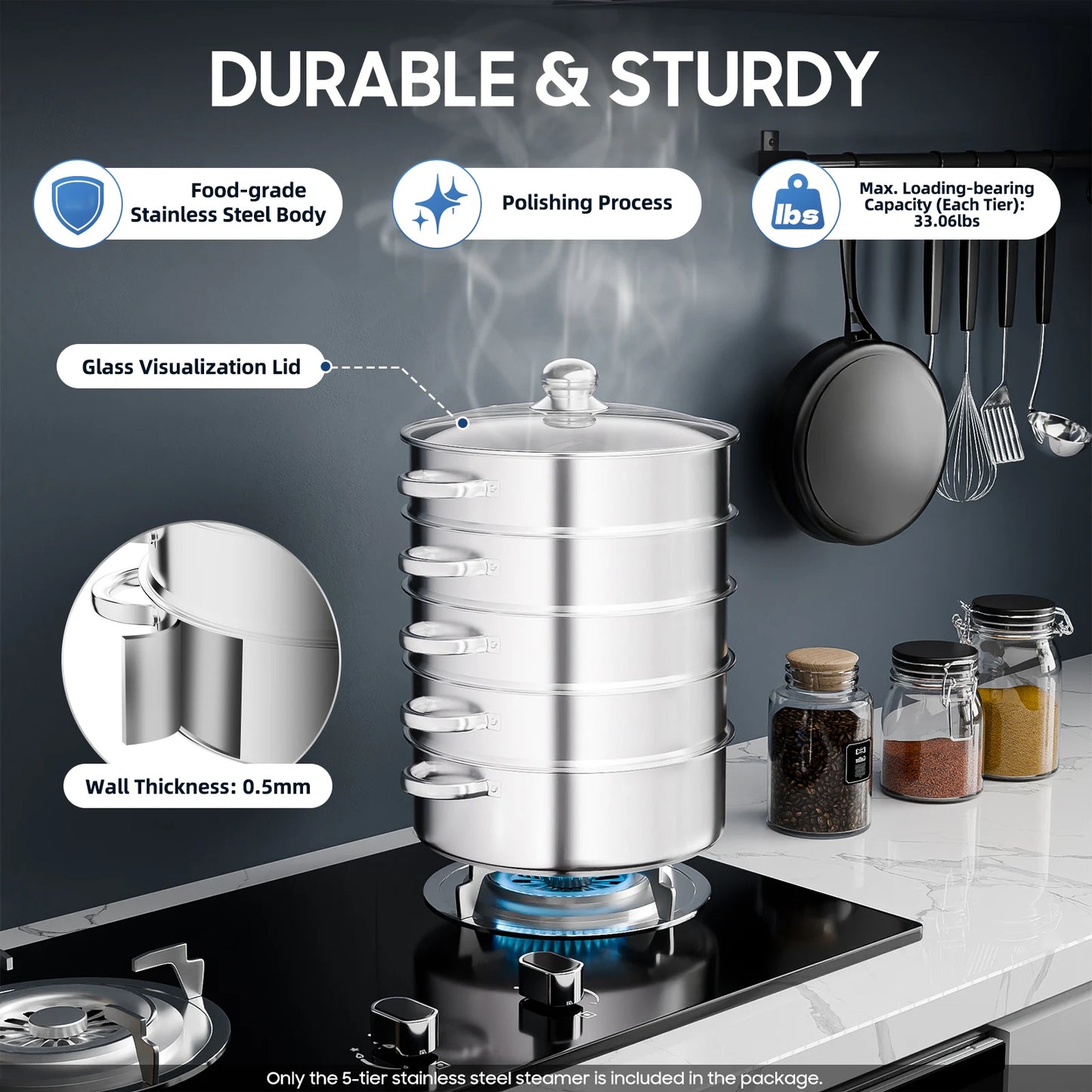 5 Tier 304 Stainless Steel Steamer Pot With Clear Lid